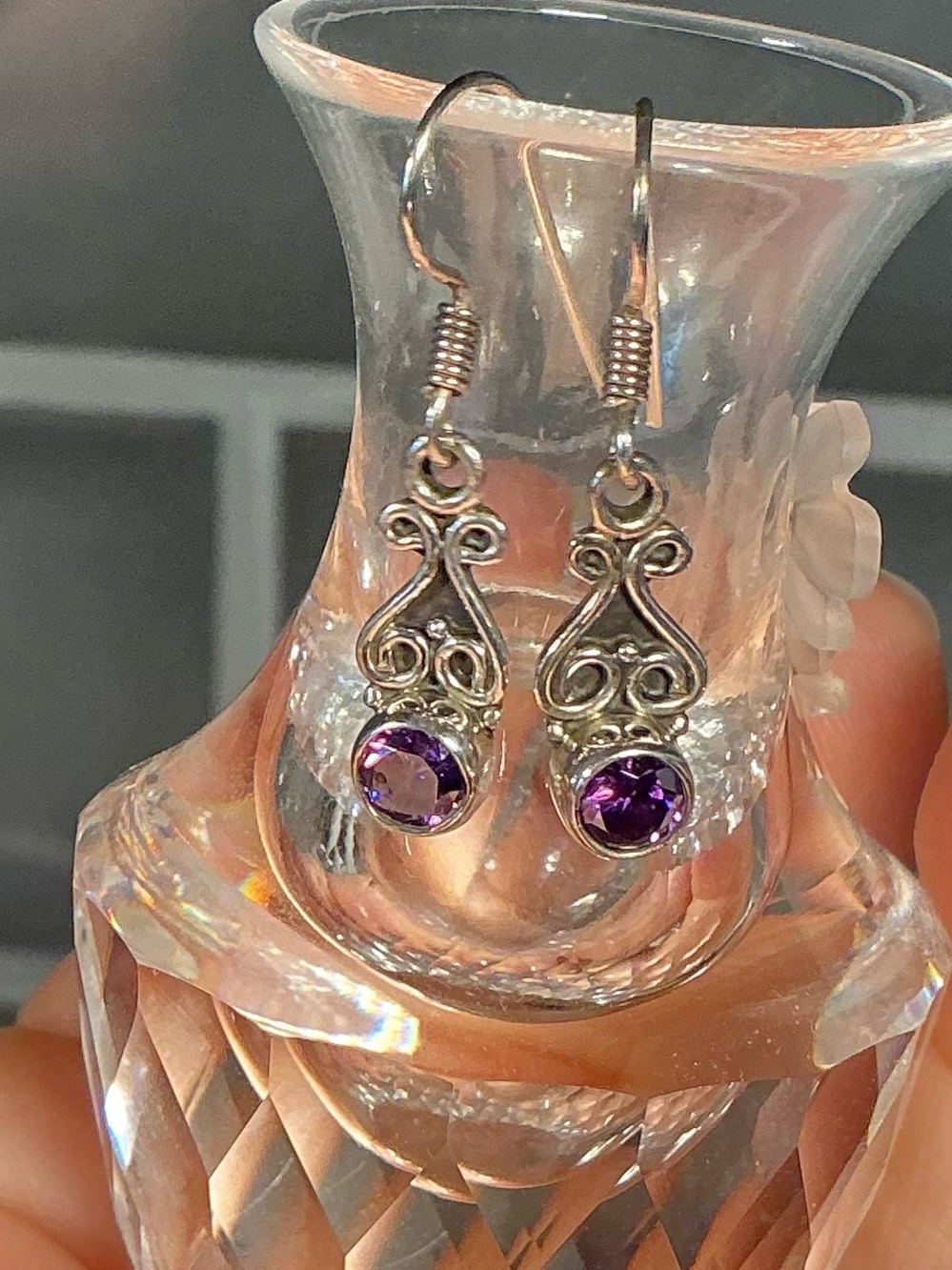 925 Amethyst Scroll Drop Earrings